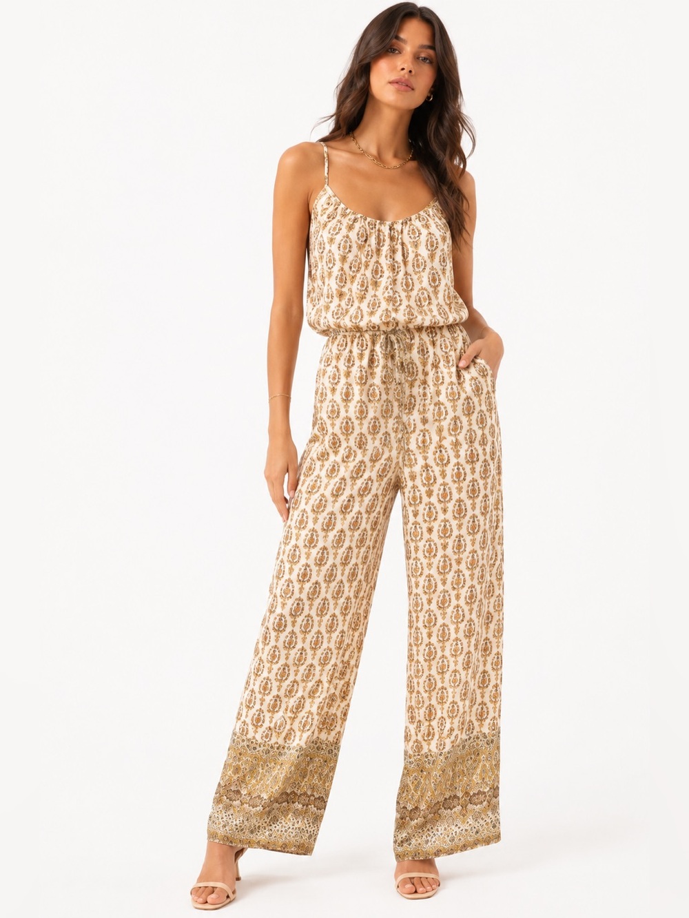 Gold Hawk Jumpsuit Silk Provence Raffia Paisley Wide Leg New XS